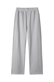 Gray seamed lounge trousers with elastic waistband and side pockets.