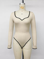 Ribbed Sweetheart Neckline Long Sleeve Bodysuit in Apricot, fit detail
