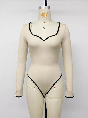 Ribbed Sweetheart Neckline Long Sleeve Bodysuit in Apricot, fit detail