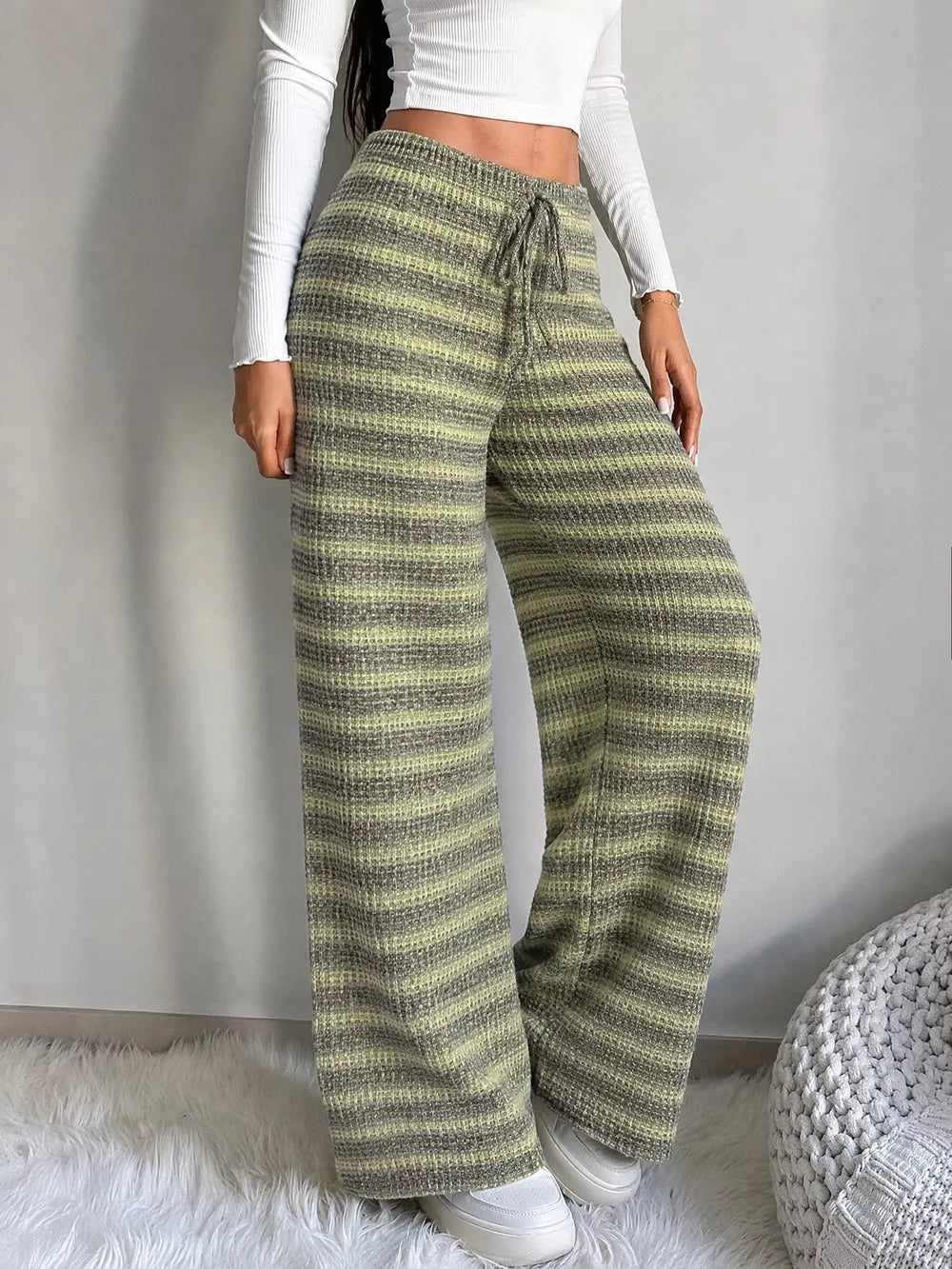 Striped Knit Wide-leg Pants in Army Green, side view