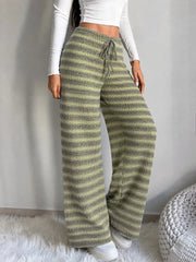 Striped Knit Wide-leg Pants in Army Green, side view
