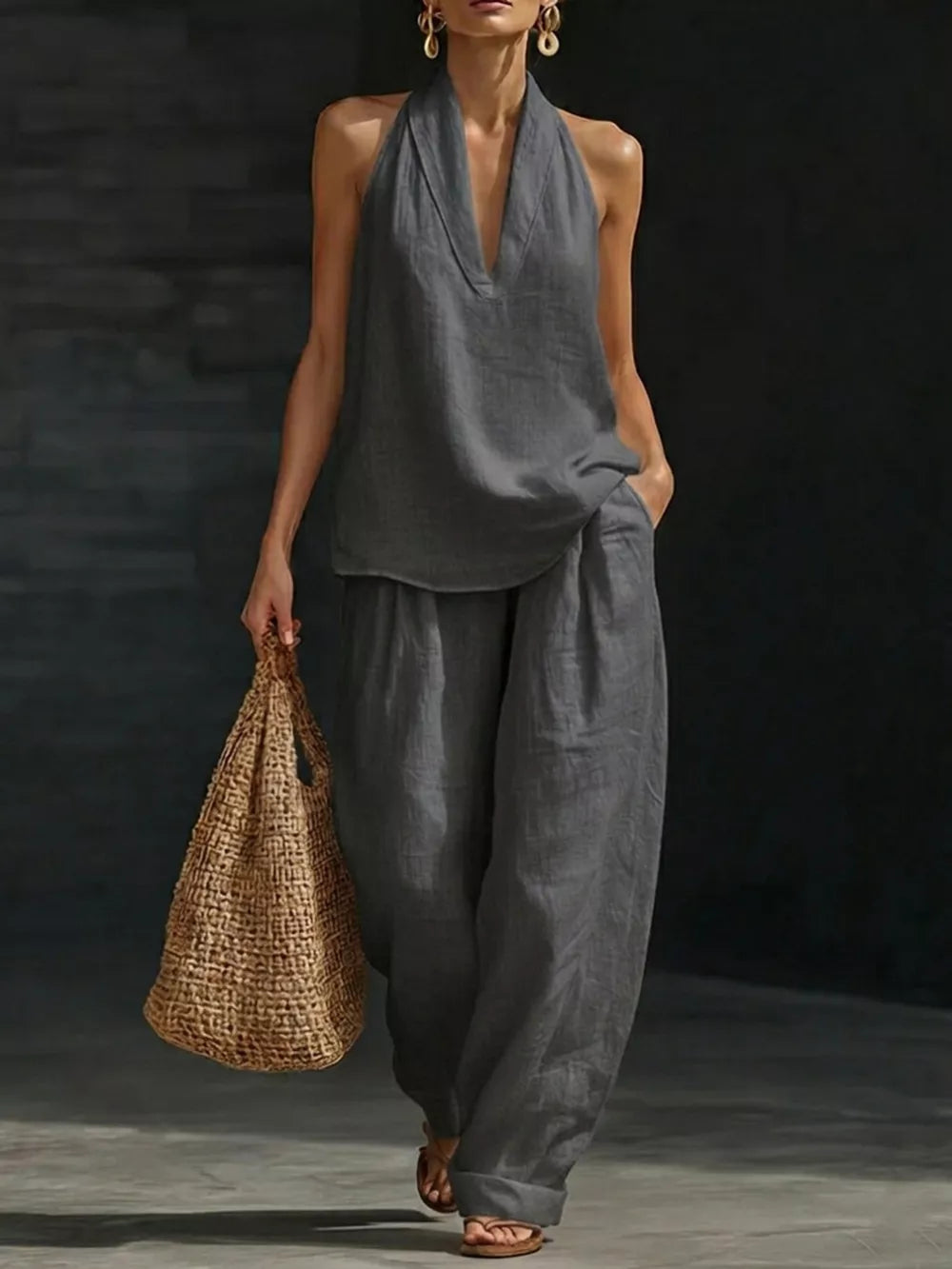 Gray halter neck top with flowing wide-leg pants set, V-neck, sleeveless, comfortable casual outfit