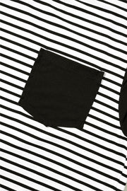 Black and white striped t-shirt with a black chest pocket detail.