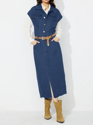 Sleeveless dark wash denim midi dress with button front, slit, and belt.