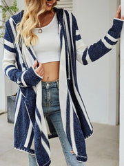 Striped Hooded Open Front Cardigan in Dusty Blue, front view