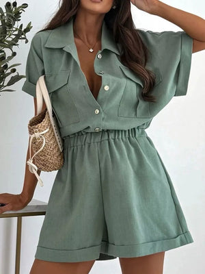 Button Front Short Sleeve Shirt And Shorts Set in Gum Leaf, fit detail