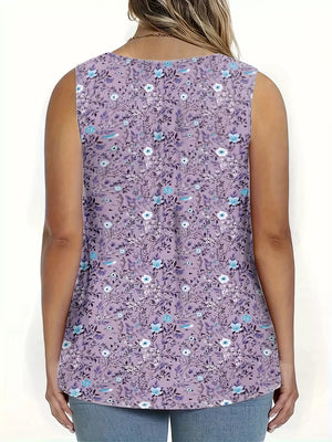 Floral print sleeveless tank top in light purple with a buttoned neckline and curvy fit.