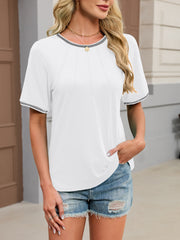 White t-shirt with short sleeves and contrast trim on neckline and cuffs.
