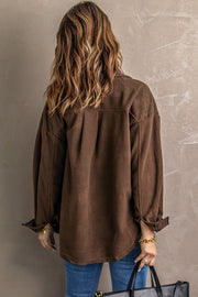 Fleece shirt jacket in Chestnut with patch pockets and a relaxed fit.