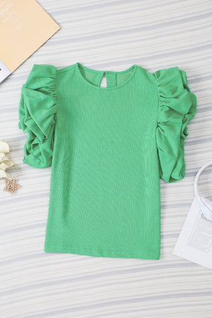 Light green ribbed short sleeve top with gathered puff sleeves and keyhole back.