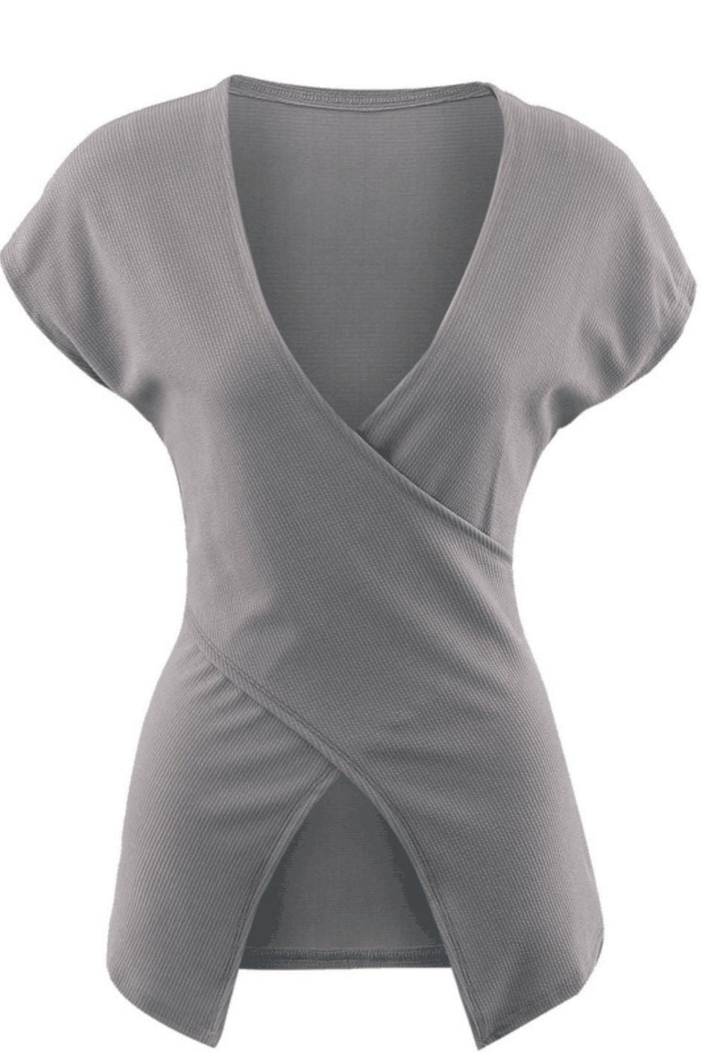 Gray Dawn ribbed knit wrap-effect blouse with short sleeves and a deep V-neck.
