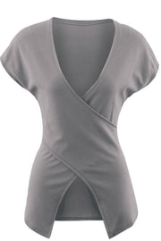 Gray Dawn ribbed knit wrap-effect blouse with short sleeves and a deep V-neck.