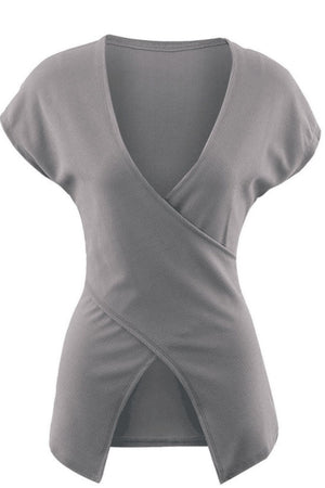 Gray Dawn ribbed knit wrap-effect blouse with short sleeves and a deep V-neck.