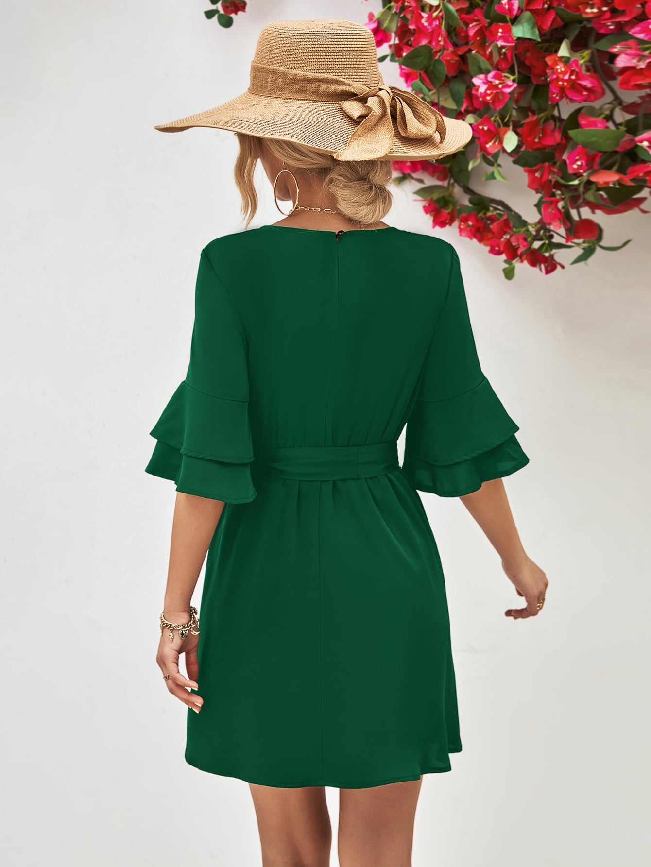 Forest green tiered sleeve mini dress with tie waist and A-line cut.