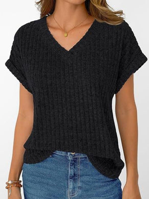 Black ribbed V-neck t-shirt with cuffed short sleeves and a relaxed fit.