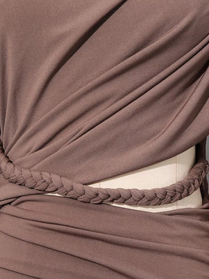 Ruched Long-sleeve Maxi Dress With Cutout in Brown, view 15