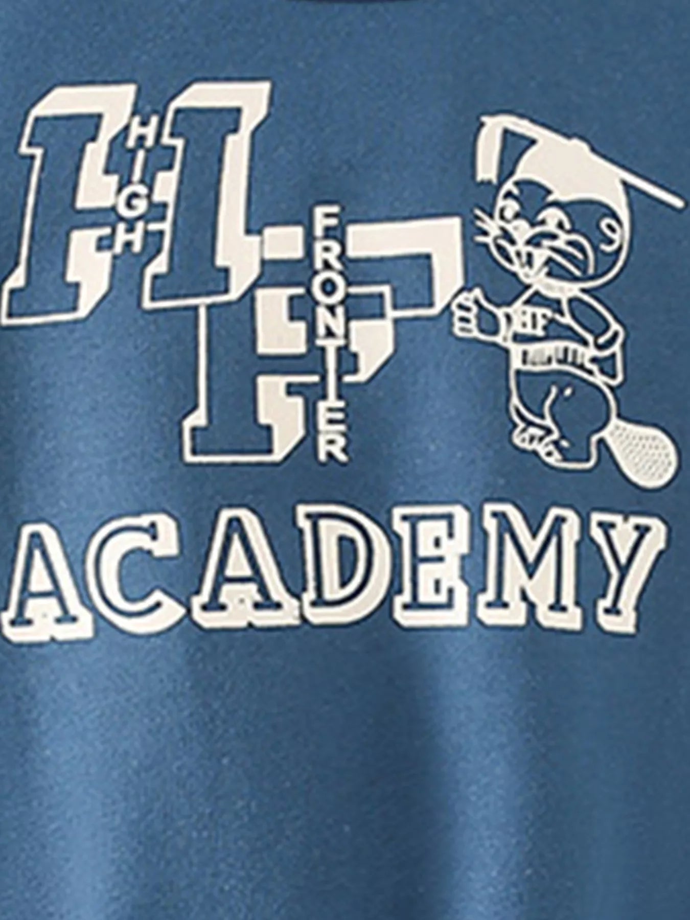 Children's French Blue graphic sweatshirt with "HF ACADEMY" and cartoon beaver.