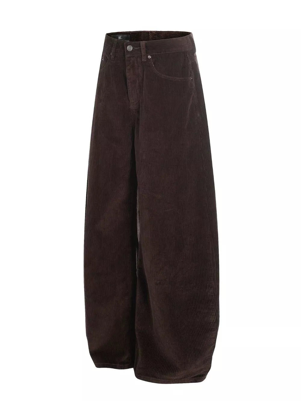 Brown corduroy wide-leg joggers for men with button fly and adjustable waist.