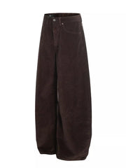 Brown corduroy wide-leg joggers for men with button fly and adjustable waist.