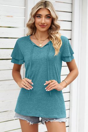 Turquoise flutter sleeve henley tee with tie neck detail and layered sleeves.