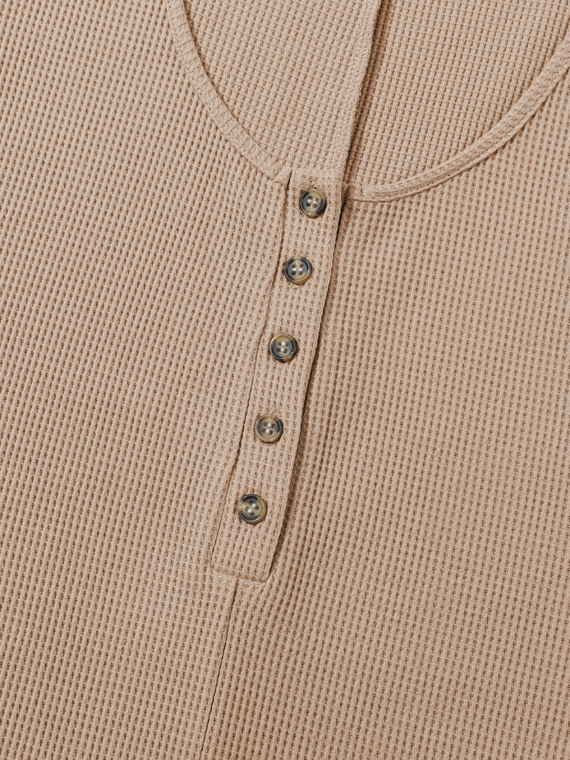 Camel waffle knit button-down romper with henley neckline and button details