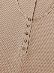 Camel waffle knit button-down romper with henley neckline and button details