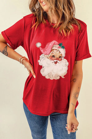 Red graphic t-shirt with a retro Santa Claus print and cuffed sleeves.