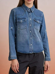 Blue denim button-down overshirt with western yokes and chest pockets.