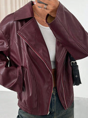 Plum purple faux leather biker bomber jacket with zip front and collar