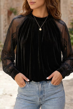 Solid Sheer Lace Velvet Blouse, model styling view