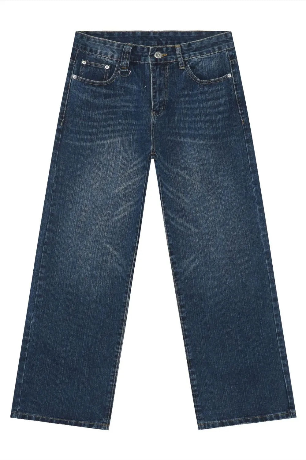 Wide leg denim jeans in dark wash with distressed details and cat's whisker fading.