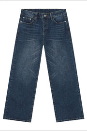 Wide leg denim jeans in dark wash with distressed details and cat's whisker fading.