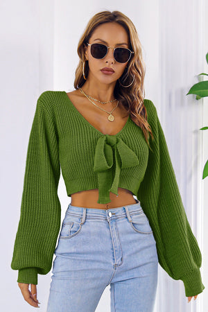 Green acrylic knit crop sweater with tie-front and balloon sleeves