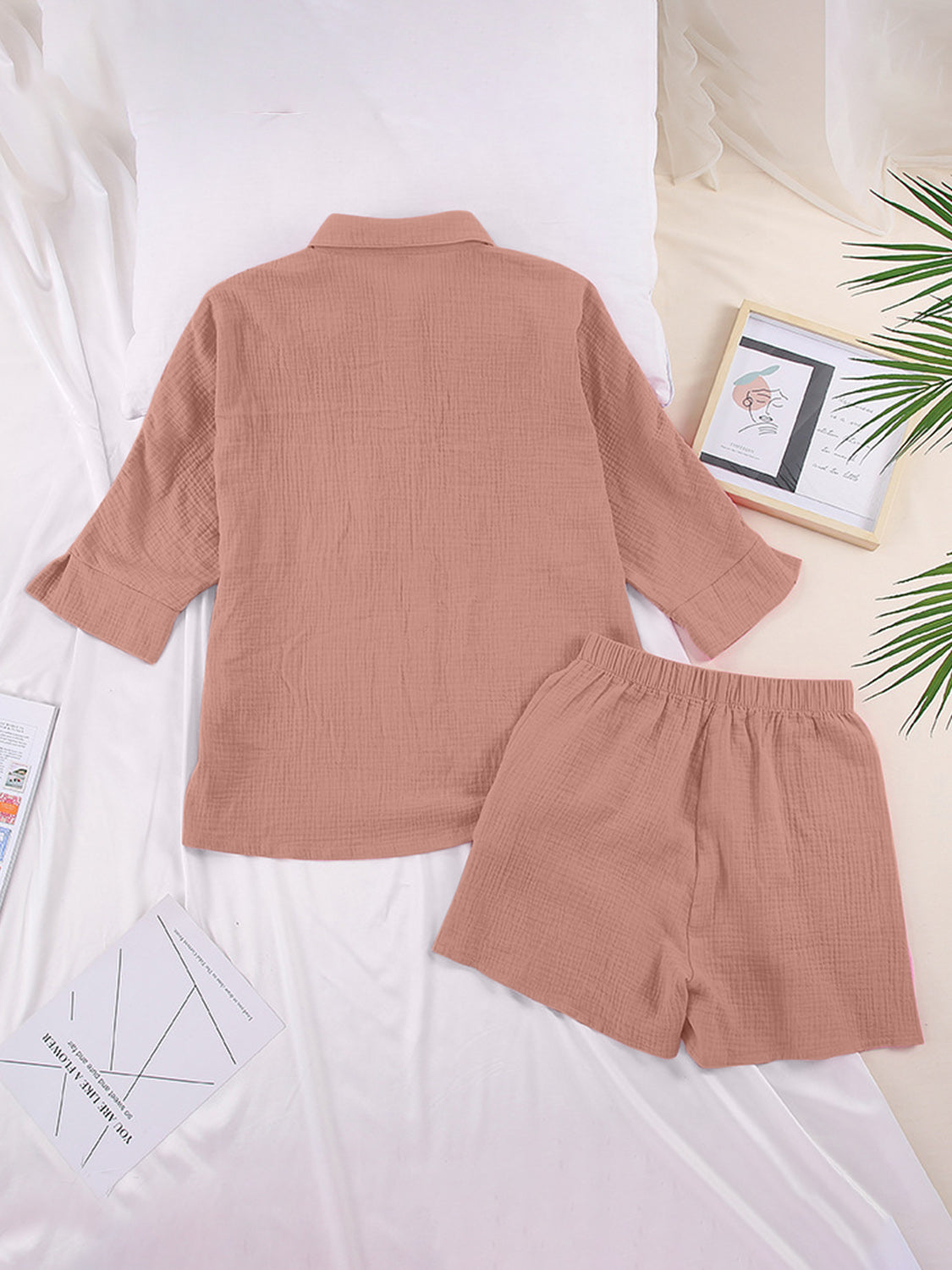 Gauze cotton resort shirt and shorts set in coral pink, breathable loungewear with buttoned shirt and elastic waist shorts.