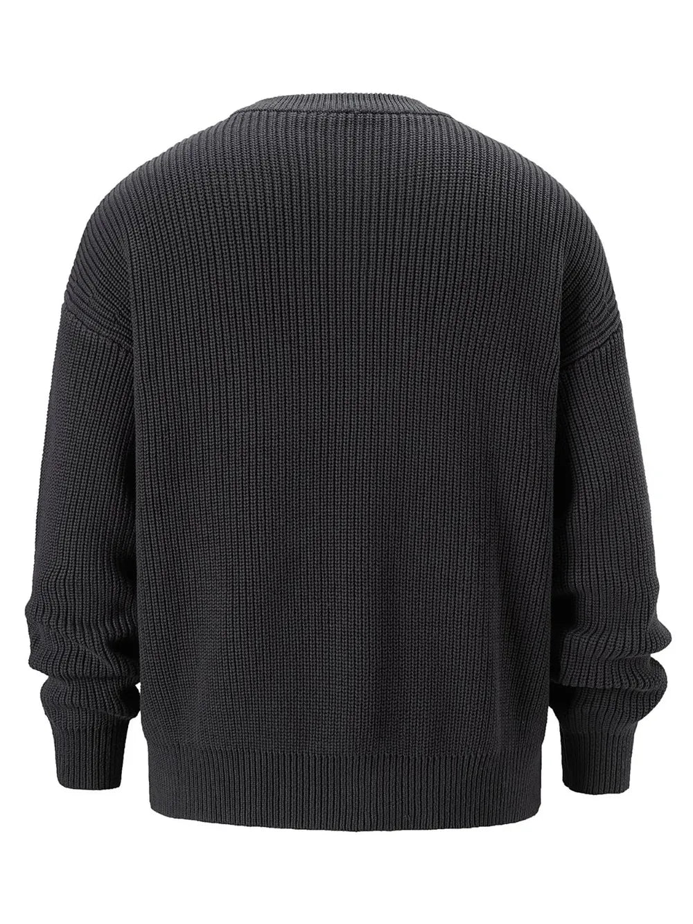 Dark gray ribbed knit oversized sweater with crew neck and long sleeves.