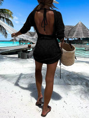 Black diamond knit backless beach mini dress with tie back and drawstring sides