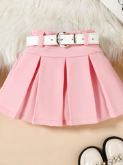 Pink toddler skirt with white belt and pleats