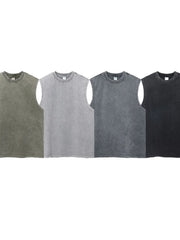 Acid wash muscle tank tops in Moss, Gray, Dark Gray, and Black.