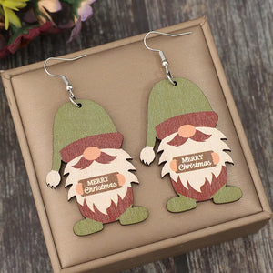 Merry Christmas gnome wood dangle earrings in matcha green with festive details.