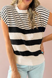 Textured stripe knit sleeveless top in black and cream with a crew neck.