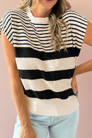 Textured stripe knit sleeveless top in black and cream with a crew neck.