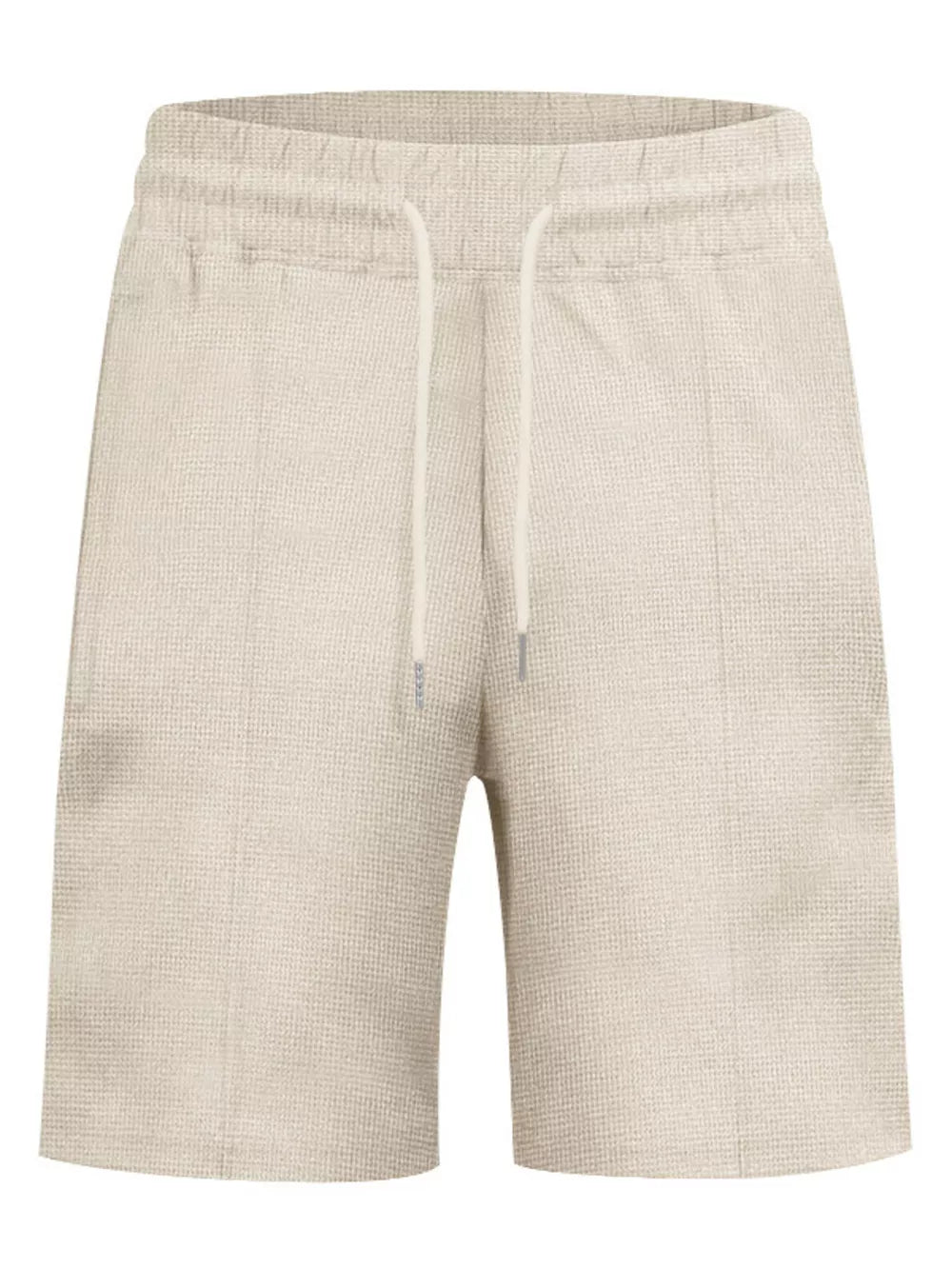 Khaki textured jogger shorts with drawstring waist and vertical seam detail.