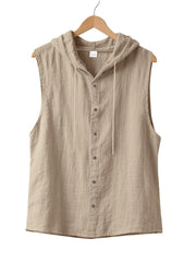 Men's light khaki cotton hooded sleeveless shirt with button front and drawstring.