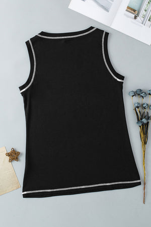 Black tank top with contrast stitching detail on neckline and hem