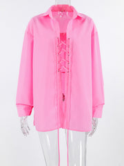 Pink cotton lace-up front relaxed fit shirt with long sleeves and collar