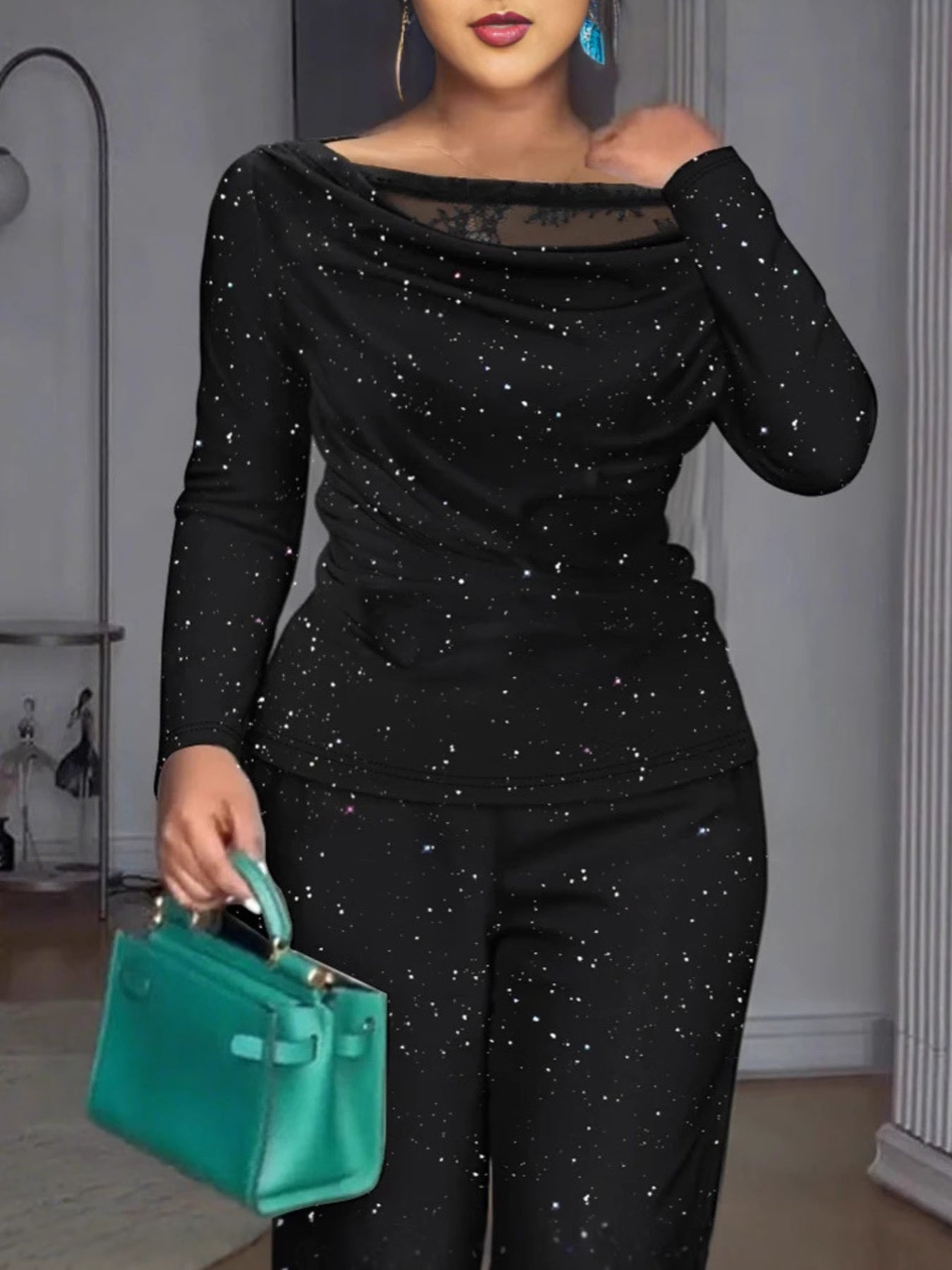 Black sheer mesh cowl neck long sleeve top and pants set with scattered glitter detail.