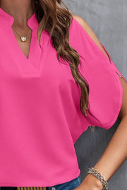 Hot Pink open-shoulder keyhole blouse made of 100% polyester with a V-neck.