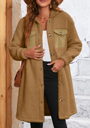 Beige sherpa coat with corduroy patch pockets and button front.