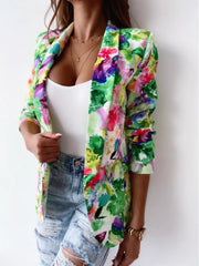 Vibrant Floral Print Open Front Blazer in Red, fabric detail