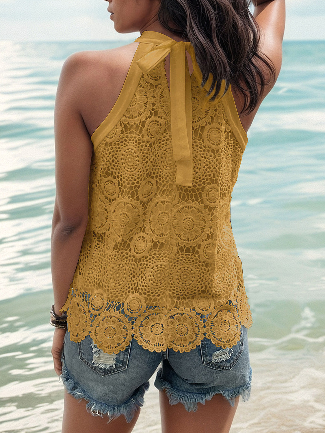 Mustard crochet halter top with tie back detail and scalloped hem.